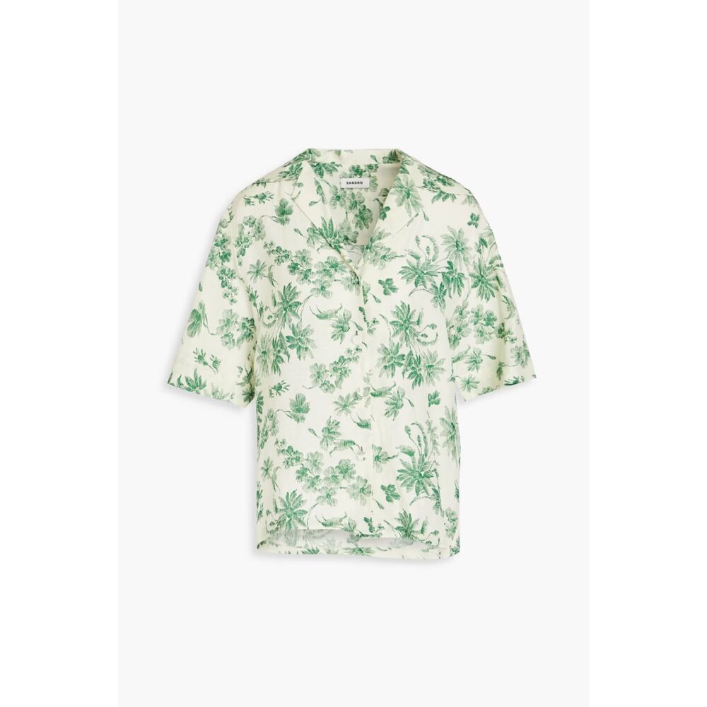 SANDRO Women's Size 1 Bourget Short Sleeve Green Floral Print Linen Blend Shirt